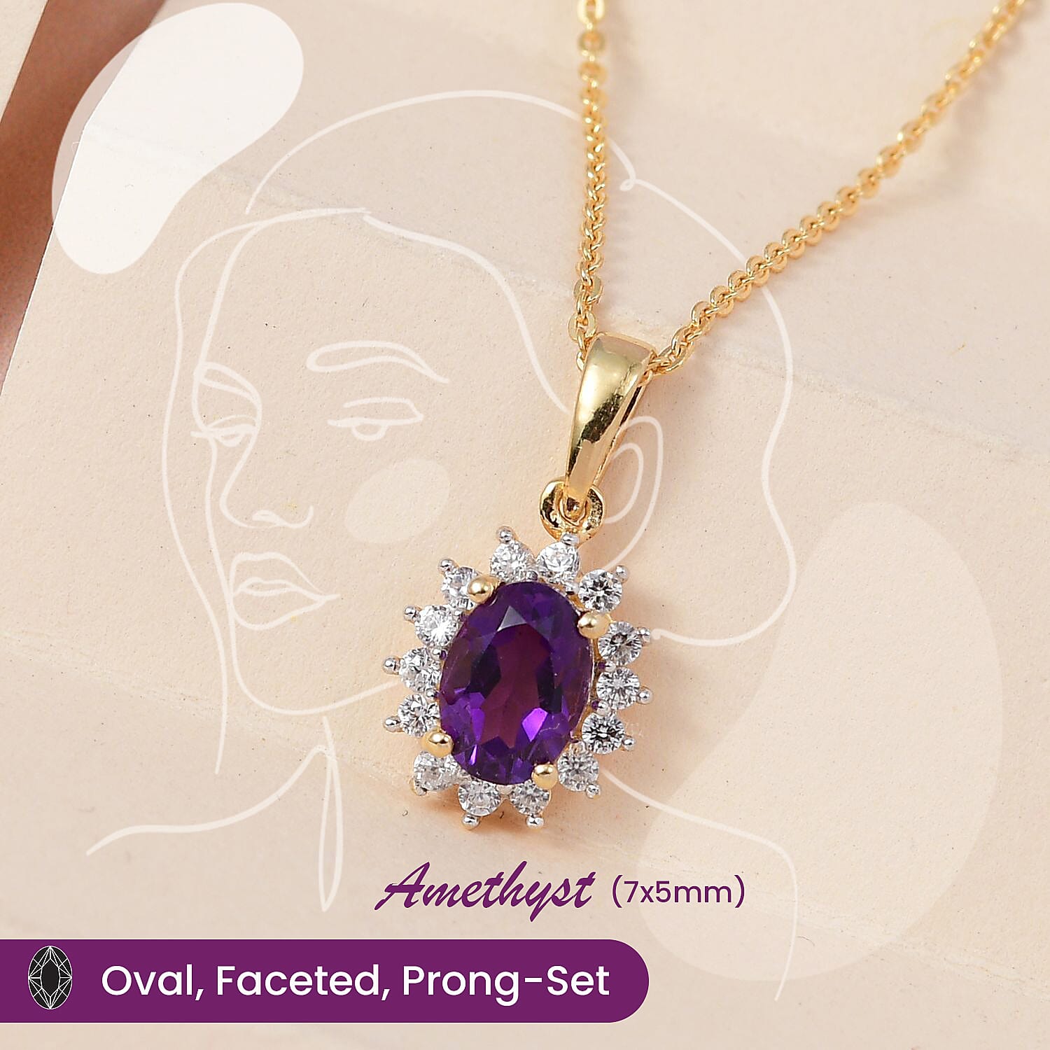 Amethyst and Natural Zircon Halo Pendant with Chain (Size-20) in 18K Vermeil Yellow Gold Plated Sterling Silver 1.10 Ct.